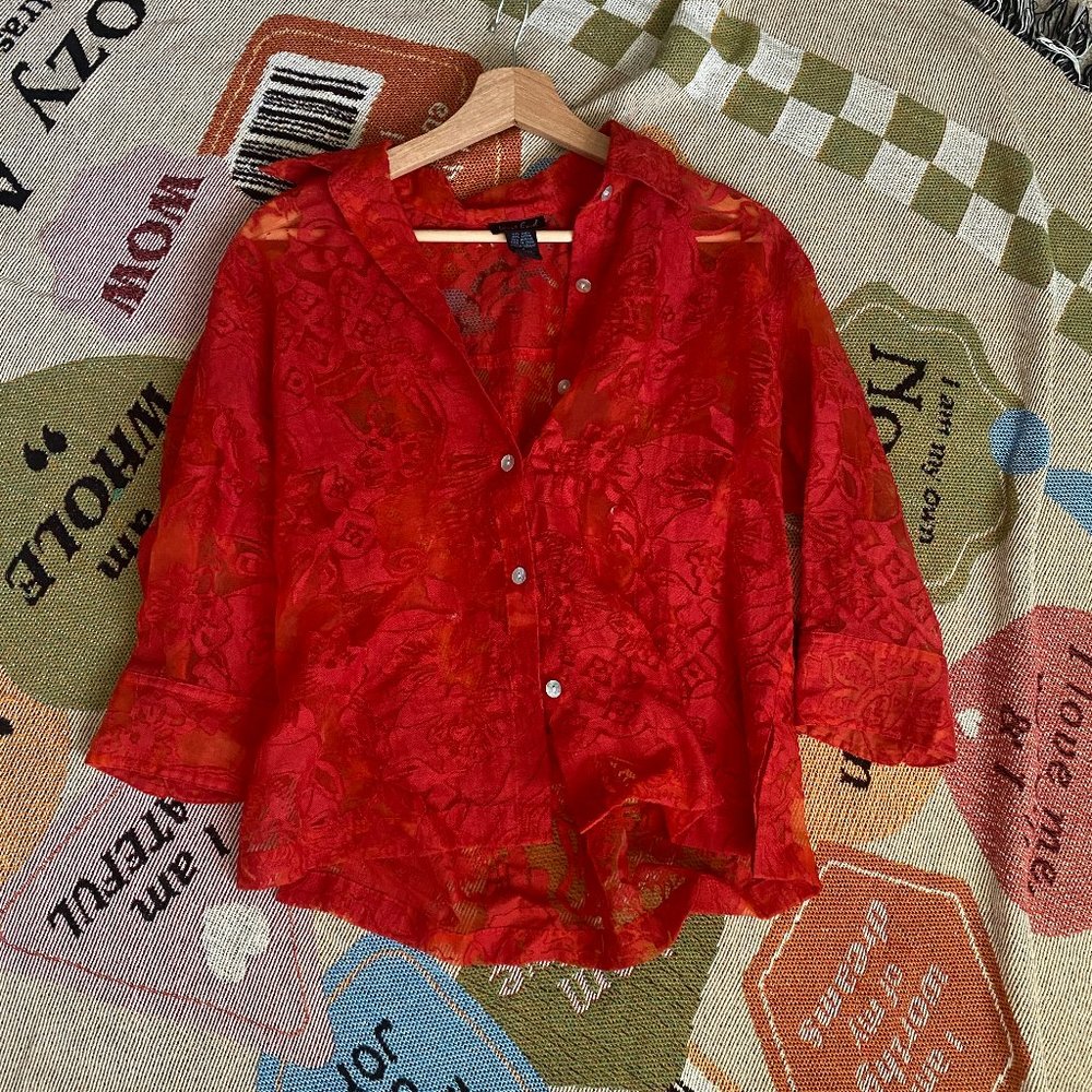vintage red lace mesh button up